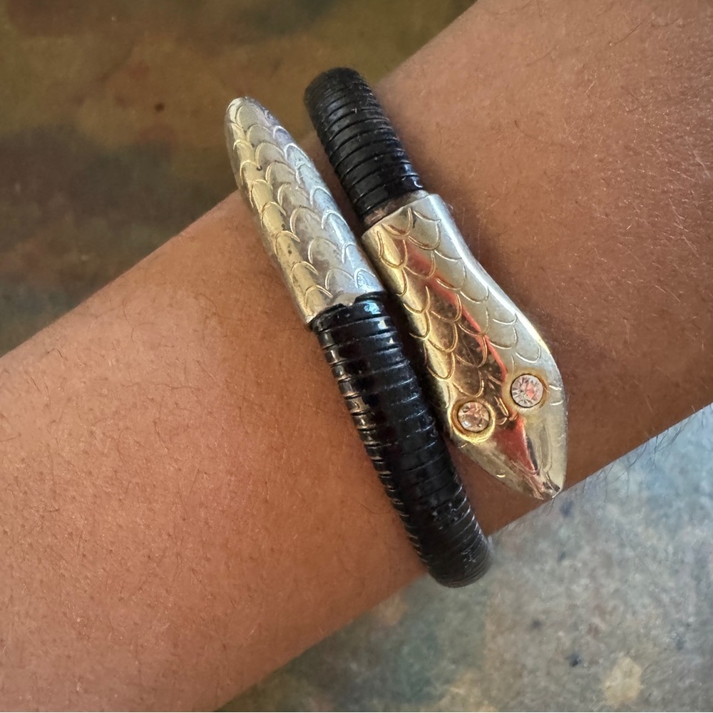 Vintage 60’s Brass and Black Leather Snake Bracelet